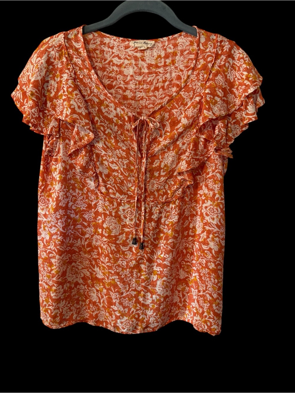 Jane and Delancey Orange Floral Ruffle Tie-Neck Blouse